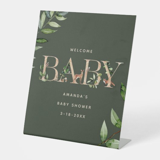 Woodland Animals met Baby shower Welkom Reclamebord Met Voetstuk (Voorkant)
