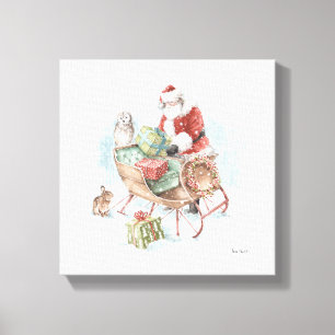 Woodland Animals met Santa Claus en zijn Sleigh Canvas Afdruk