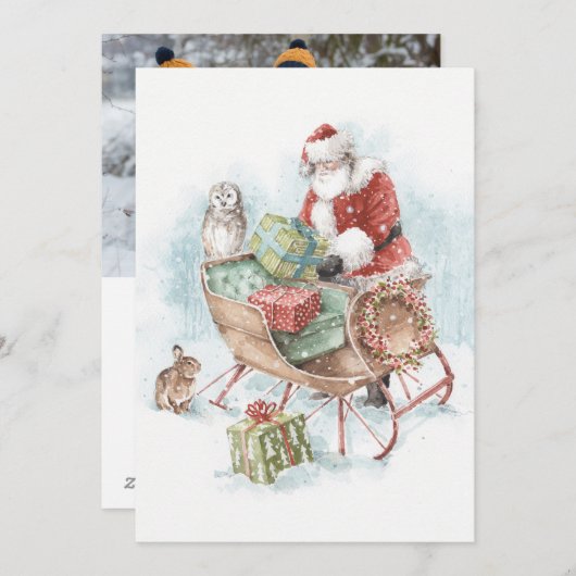 Woodland Animals met Santa Claus en Zijn Sleigh Feestdagenkaart (Voorkant / Achterkant)