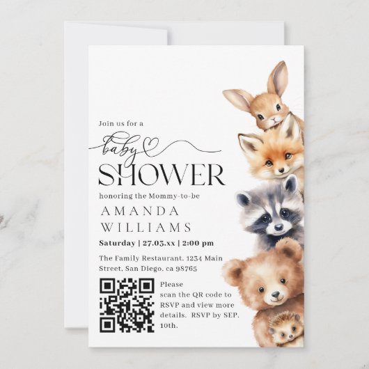 Woodland Animals Modern QR-code Baby shower Kaart (Voorkant)