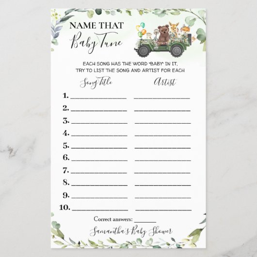 Woodland Animals Name Baby Tune Shower Game Card Flyer (Voorkant)