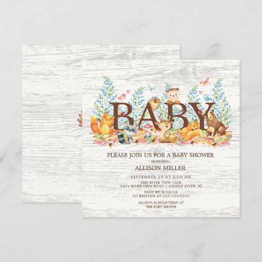 Woodland Animals Neutral Baby shower Invitation Kaart (Voorkant / Achterkant)