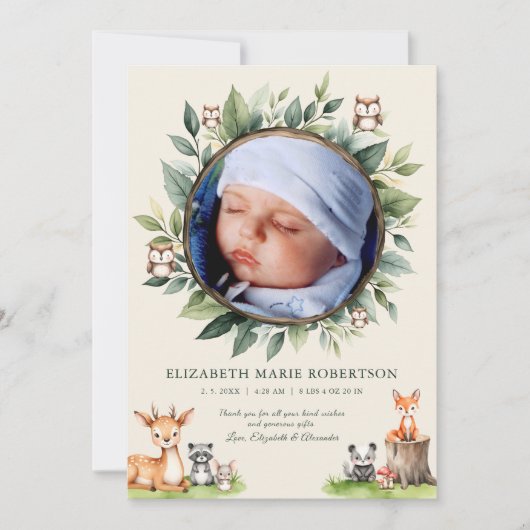 Woodland Animals New Baby Birth Announance Kaart (Voorkant)
