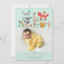Woodland Animals New Baby Birth Announance Kaart