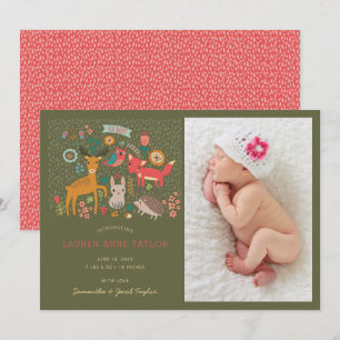 Woodland Animals New Baby Birth Announance Kaart