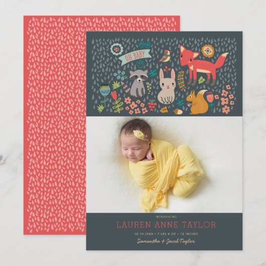 Woodland Animals New Baby Birth Announance Kaart (Voorkant / Achterkant)