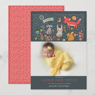 Woodland Animals New Baby Birth Announance Kaart
