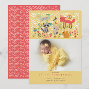Woodland Animals New Baby Birth Announance Kaart