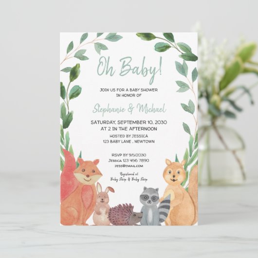 Woodland Animals Oh Baby Couples Baby shower Kaart (Staand voorkant)
