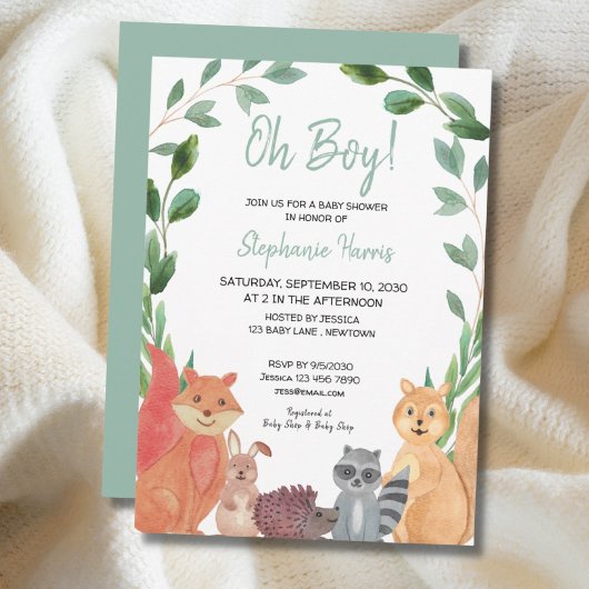 Woodland Animals Oh Boy Baby shower Invitation Kaart