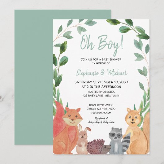 Woodland Animals Oh Boy Couples Baby shower Kaart (Voorkant / Achterkant)