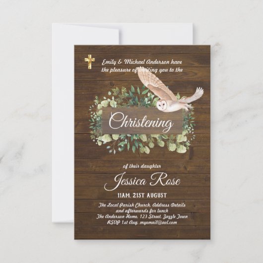 Woodland Animals Owl Christening Invite Baptism (Voorkant)