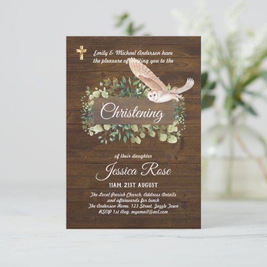 Woodland Animals Owl Christening Invite Baptism (Staand voorkant)
