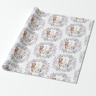 Woodland Animals Paars Floral Wreatday Cadeaupapier