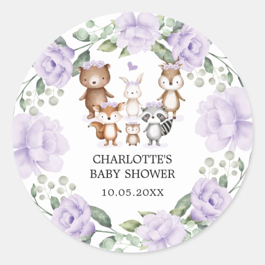 Woodland Animals Paars Flower Wreater Baby Girl Ronde Sticker (Voorkant)