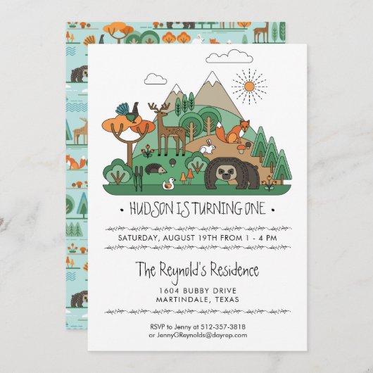 Woodland Animals Party Invitation Kaart (Voorkant / Achterkant)
