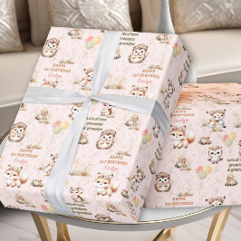 Woodland Animals Pastel Girl Verjaardagsnaam Cadeaupapier