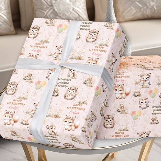 Woodland Animals Pastel Girl Verjaardagsnaam Cadeaupapier
