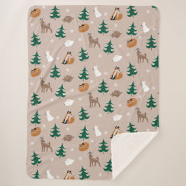Woodland Animals Pattern Snow Covered Trees Brown Sherpa Deken