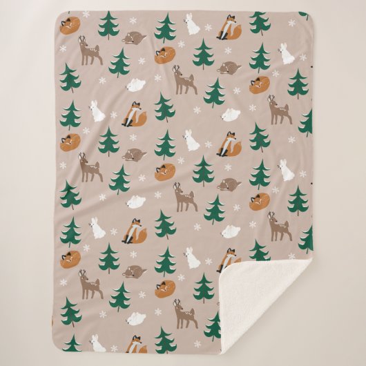 Woodland Animals Pattern Snow Covered Trees Brown Sherpa Deken (Voorkant)