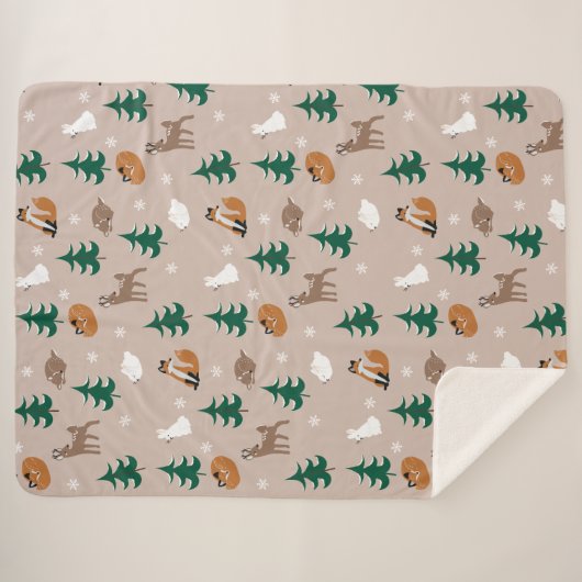 Woodland Animals Pattern Snow Covered Trees Brown Sherpa Deken (Voorkant (horizontaal))