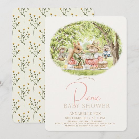 Woodland Animals Picknick Meisje Baby shower Kaart (Voorkant / Achterkant)