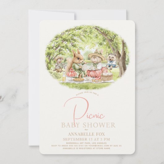 Woodland Animals Picknick Meisje Baby shower Kaart (Voorkant)