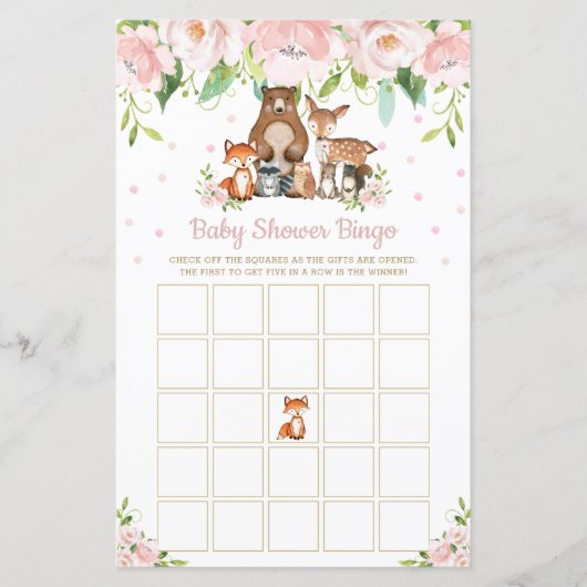 Woodland Animals Pin Floral Baby shower Bingo Game (Voorkant)