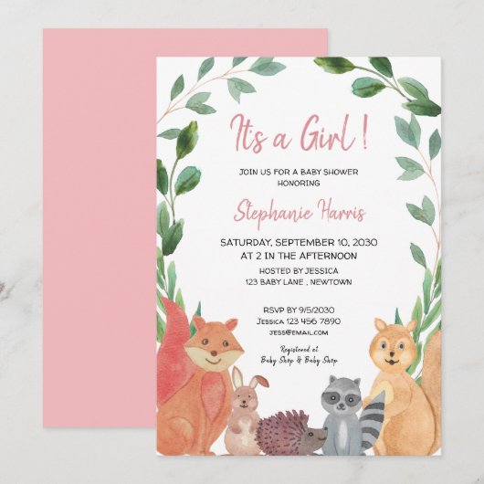 Woodland Animals Pink Baby Girl Baby shower Kaart (Voorkant / Achterkant)