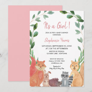 Woodland Animals Pink Baby Girl Baby shower Kaart