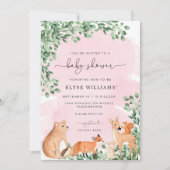 Woodland Animals Pink Baby shower Invitation Kaart (Voorkant)