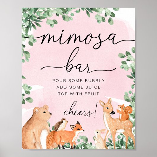 Woodland Animals Pink Baby shower Mimosa Bar Sign Poster (Voorkant)