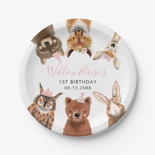 Woodland Animals Pink Birthday Party Papieren Bordje (Voorkant)