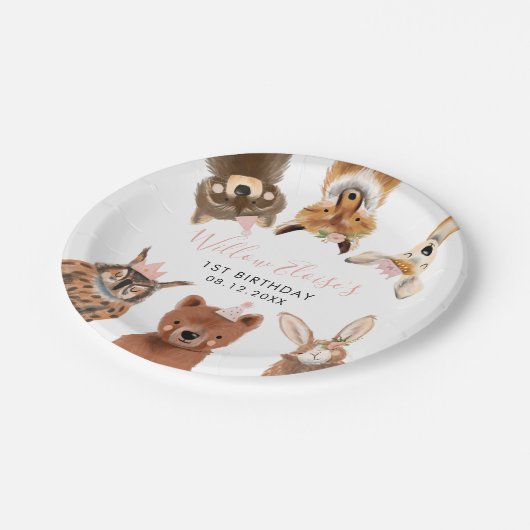Woodland Animals Pink Birthday Party Papieren Bordje (Gekanteld)