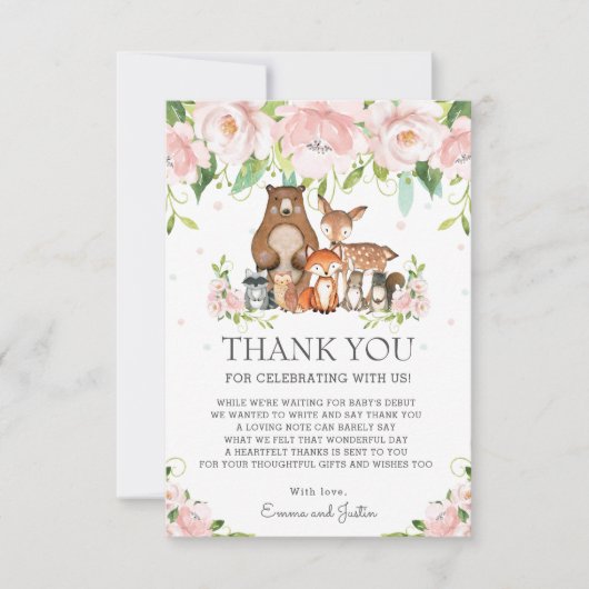 Woodland Animals Pink Blush Floral Baby shower Bedankkaart (Voorkant)