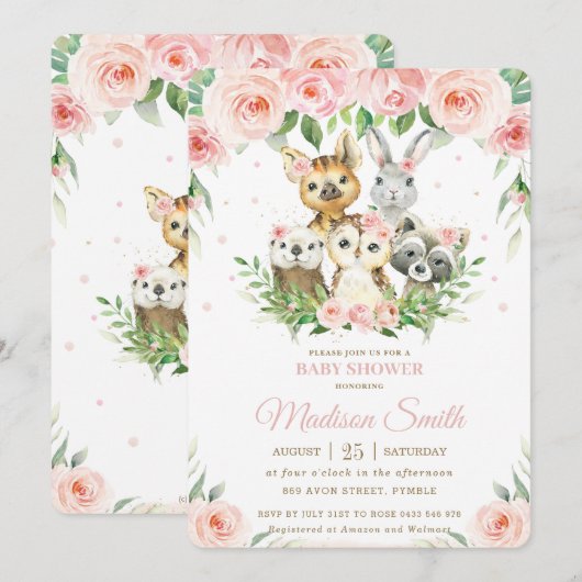 Woodland Animals Pink Blush Floral Baby shower Kaart (Voorkant / Achterkant)