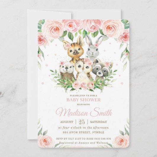 Woodland Animals Pink Blush Floral Baby shower Kaart (Voorkant)