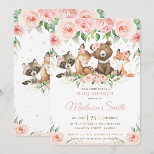 Woodland Animals Pink Blush Floral Baby shower Kaart (Voorkant / Achterkant)