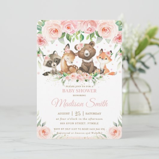 Woodland Animals Pink Blush Floral Baby shower Kaart (Staand voorkant)