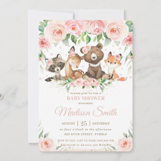 Woodland Animals Pink Blush Floral Baby shower Kaart (Voorkant)
