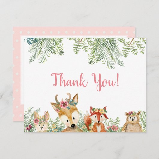 Woodland Animals Pink Boho Deer n Fox Hartelijk da Kaart (Voorkant / Achterkant)