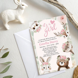 Woodland Animals Pink Boho Girl Baby shower Kaart