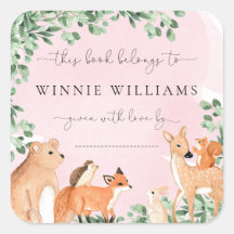 Woodland Animals Pink Bookplate Sticker