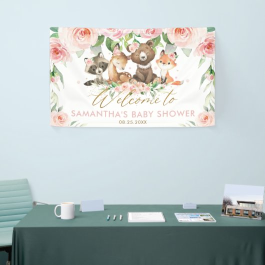 Woodland Animals Pink Floral Baby shower Backdrop  Spandoek (Beurs)