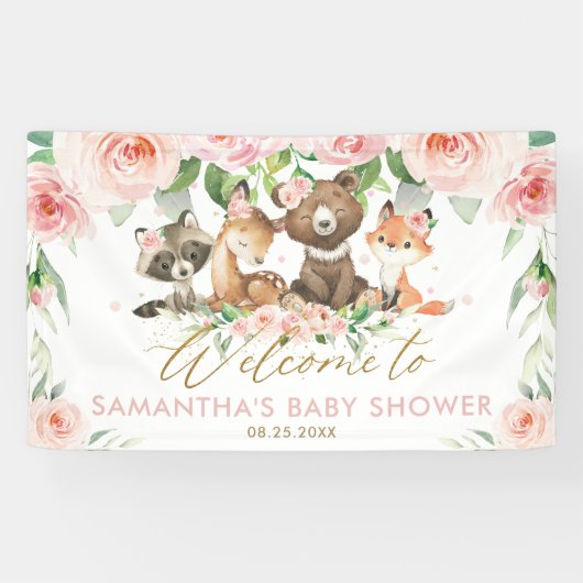 Woodland Animals Pink Floral Baby shower Backdrop  Spandoek (Horizontaal)