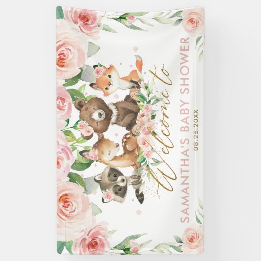 Woodland Animals Pink Floral Baby shower Backdrop  Spandoek (Verticaal)