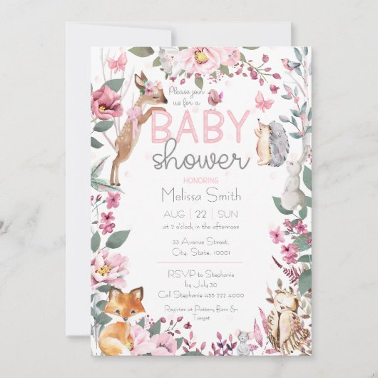 Woodland Animals Pink Floral Baby shower Kaart (Voorkant)