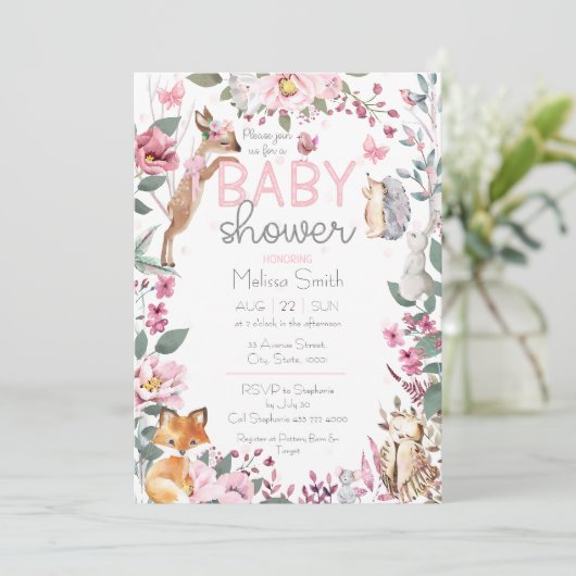 Woodland Animals Pink Floral Baby shower Kaart (Staand voorkant)
