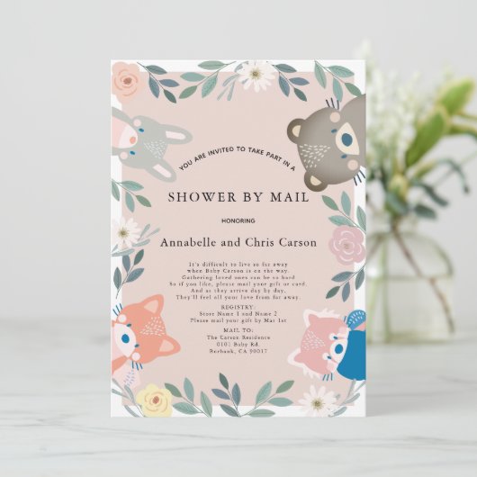 Woodland Animals Pink Floral Baby shower per post Kaart (Staand voorkant)