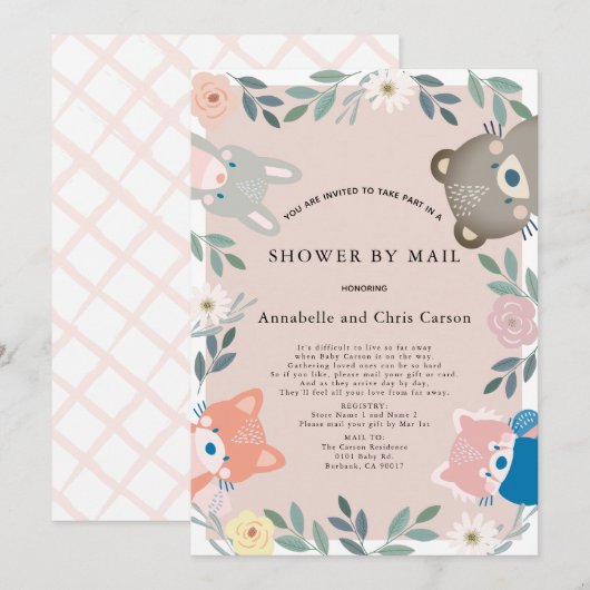 Woodland Animals Pink Floral Baby shower per post Kaart (Voorkant / Achterkant)